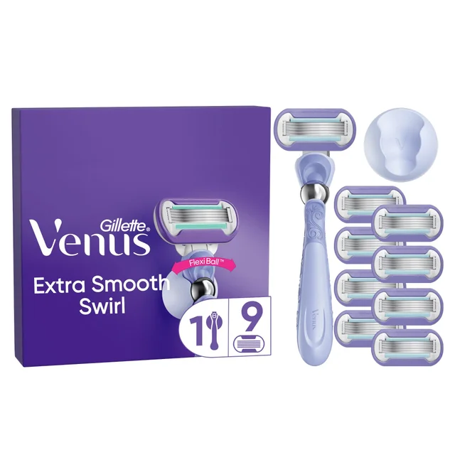Venus Extra Smooth Swirl razor with FlexiBall, retail packaging, and nine additional blade refills.