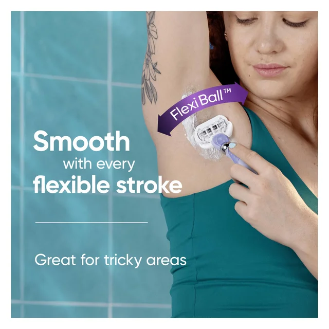Venus razor with Flexi Ball shown in use for smooth underarm shaving.