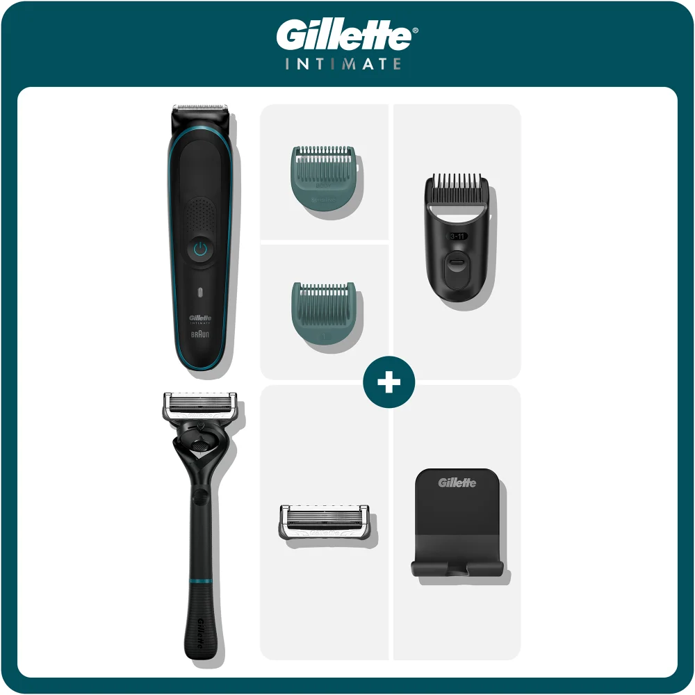 Gillette Intimate Grooming Kit with trimmer, razor, comb attachments, and stand.