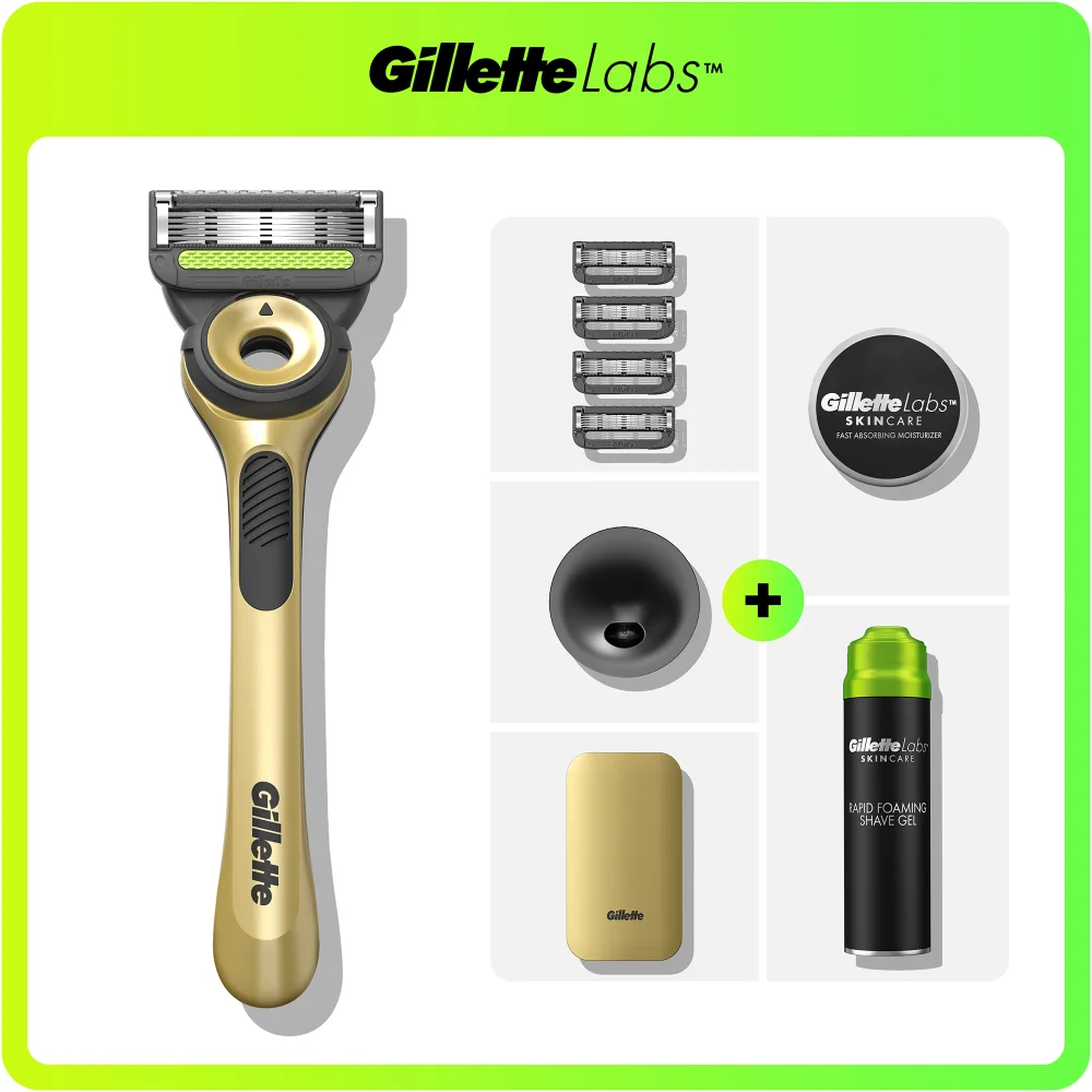 Gillette Labs gold razor with 4 refills, fast absorbing moisturiser & rapid foaming shave gel.