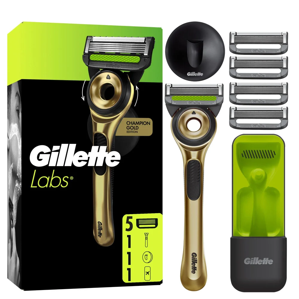 GilletteLabs Champion Gold Edition razor with its retail box, magnetic stand, 4 additional blade refills, and travel case.