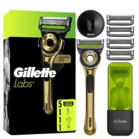 GilletteLabs Champion Gold Edition razor with its retail box, magnetic stand, 4 additional blade refills, and travel case.