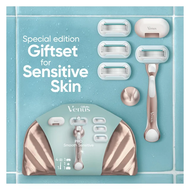 Gift Set: Gillette Venus Pro Smooth Sensitive Razor, 4 Razor Blades, Shower Hook & Travel Bag