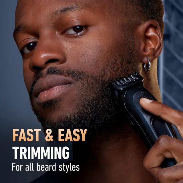 A MAN TRIMMING HIS BEARD WITH KING C GILLETTE TRIMMER WHICH IS GOOD FOR ALL BEARD STYLES