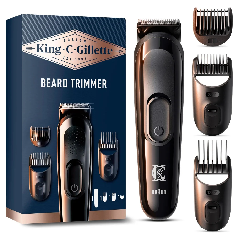 Gillette King C Beard Trimmer with guide combs and accessories.