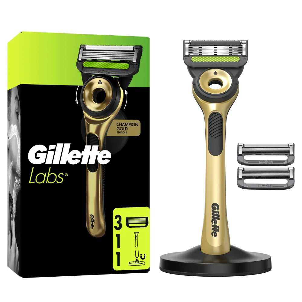 GilletteLabs Champion Gold Edition razor with 3 cartridges and stand.