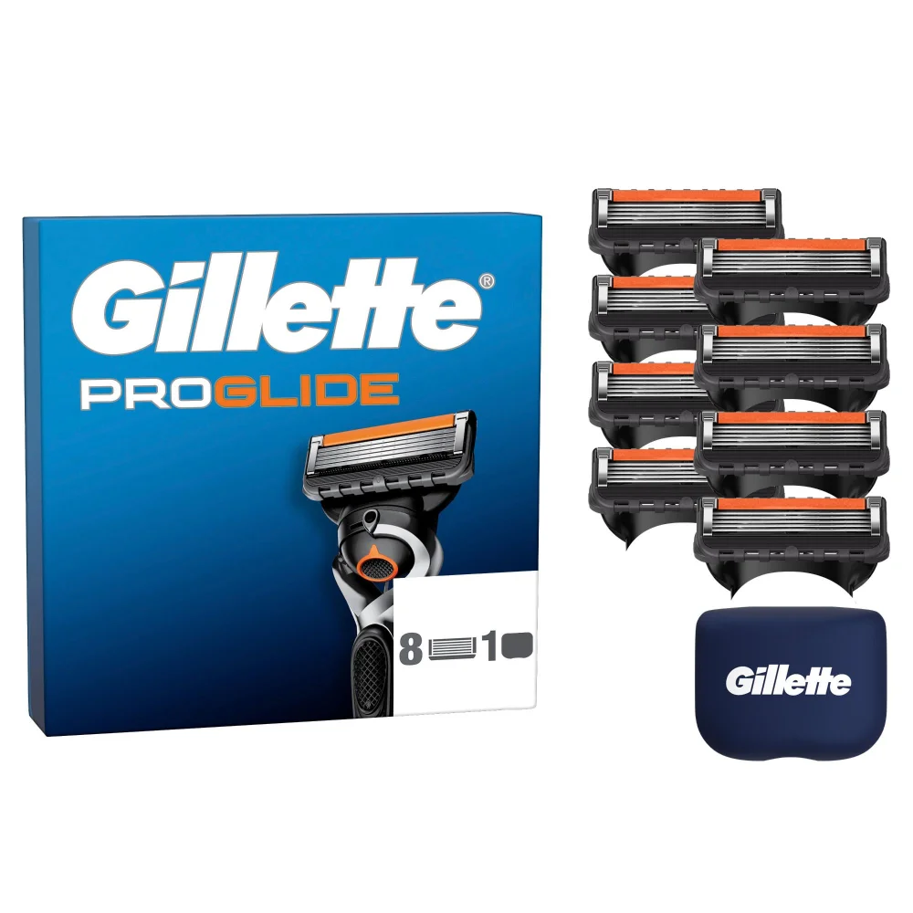 Gillette ProGlide razor kit with 8 blade refills and blade cover.