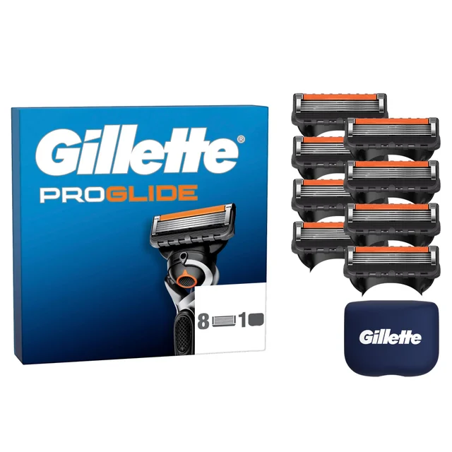 Gillette ProGlide razor kit with 8 blade refills and blade cover.
