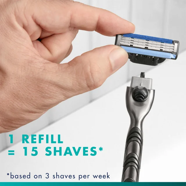 Mach3 razor refill being attached to the razor handle, highlighting the benefit of 1 refill equaling 15 shaves.