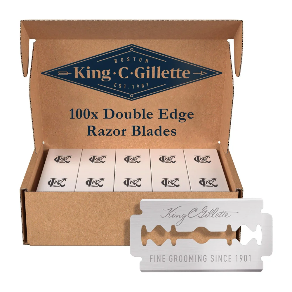 Image shows packaging of a King C. Gillette double edge razor blades, icluding 100 blades.