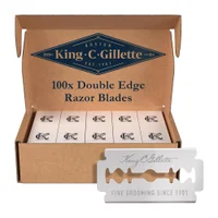 Image shows packaging of a King C. Gillette double edge razor blades, icluding 100 blades.