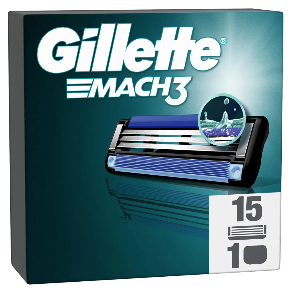 Gillette Mach3 razor blade refills pack of 15, highlighting the lubrication strip.