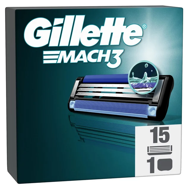 Gillette Mach3 razor blade refills pack of 15, highlighting the lubrication strip.