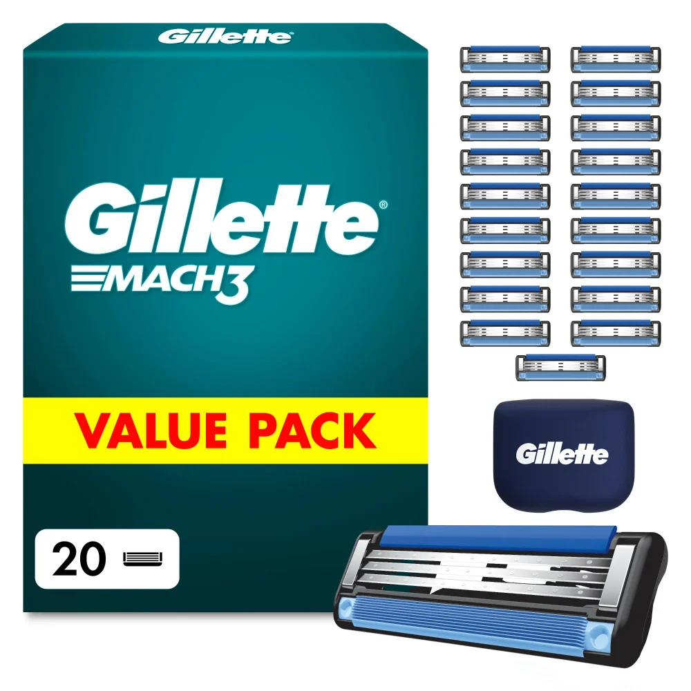 Gillette Mach3 razor cartridges, 20 count, with a feather icon on the packaging.