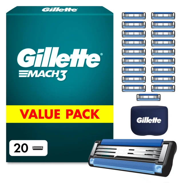 Gillette Mach3 razor cartridges, 20 count, with a feather icon on the packaging.
