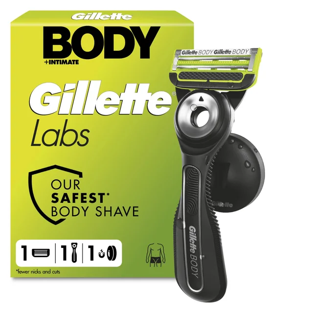 Gillette Labs Body + Intimate Razor For Men with Magnetic Shower Hanger, 1 Handle, 1 Blade Refills