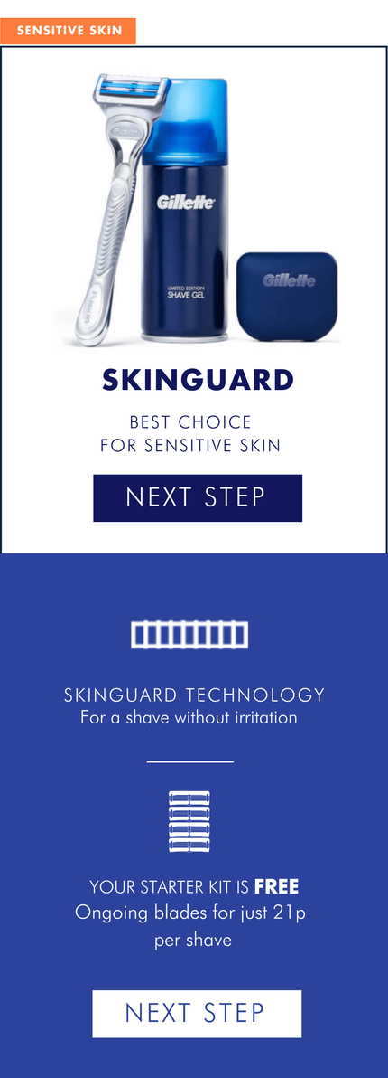 1 SKINGUARD RAZOR, 1 GEL, 1 TRAVEL COVER. THE BEST CHOICE FOR SENSITIVE SKIN. SKINGUARD TECHNOLOGY FOR SHAVING WITHOUT IRRITATION. 2 BLADES FOR A SMOOTH SAVING EXPERIENCE. 4 LUBRICATION.