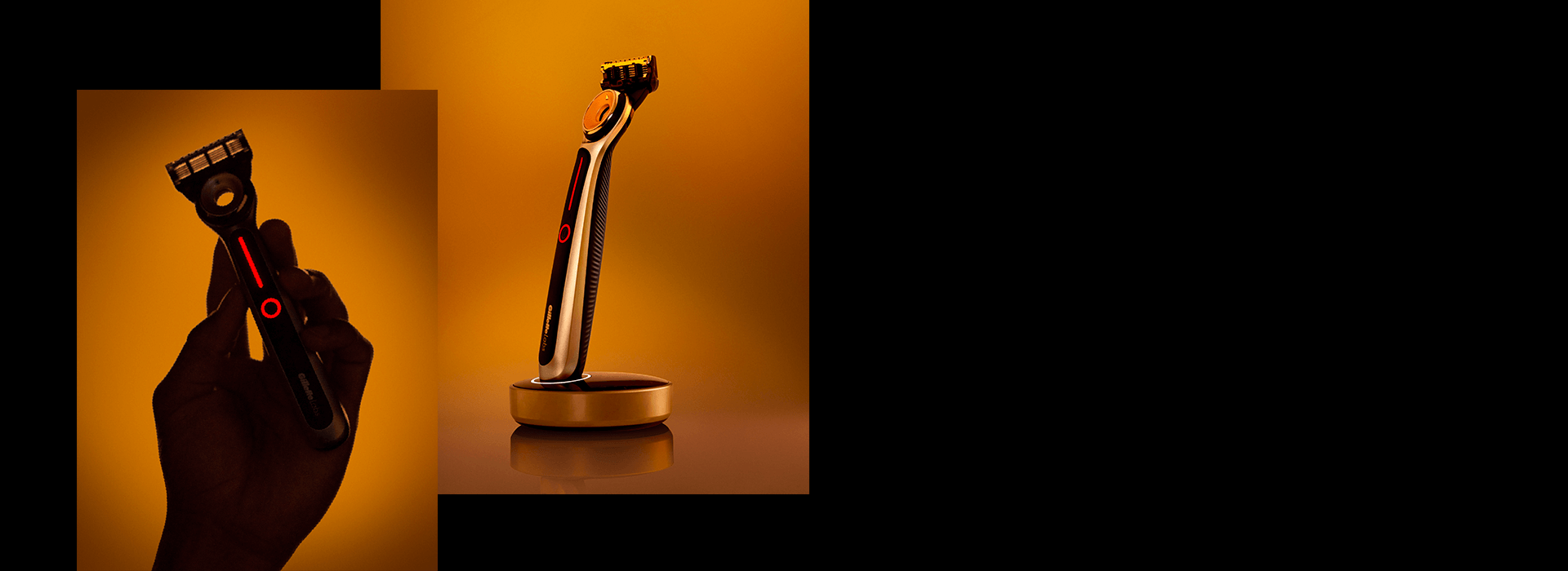 Heated Razor in Charging Dock and Hand Holding Heated Razor | Gillette Labs UK